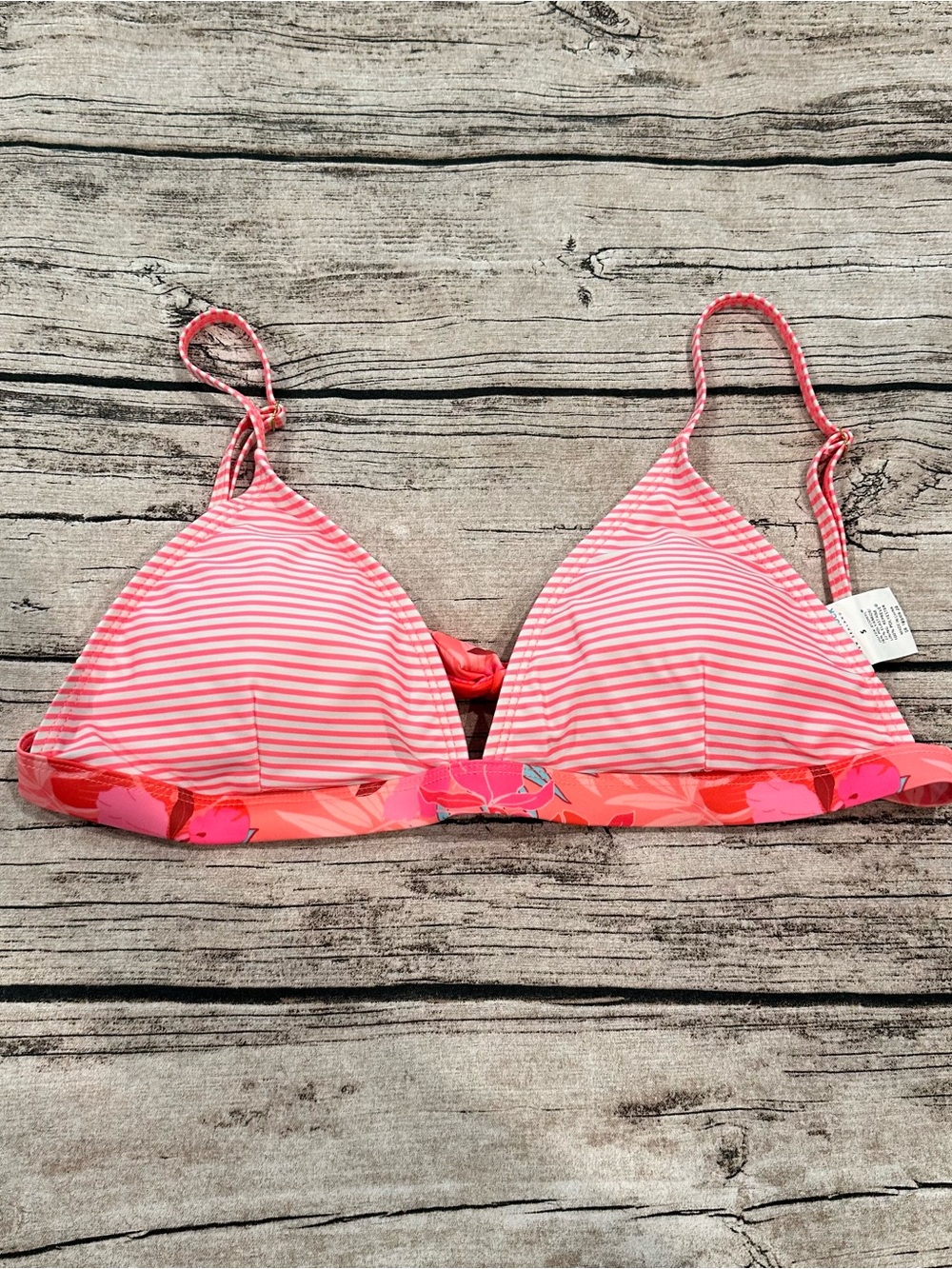 Snapper Rock Mixed Pattern Bikini Top in Pink & White Stripes Floral Trim Size S